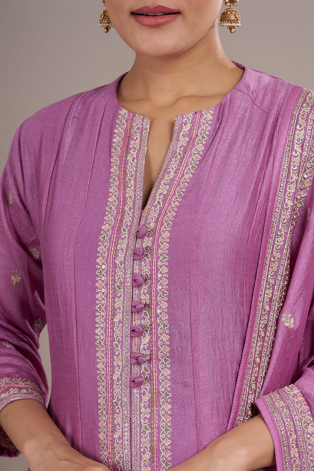Mauve Silk Blend Anarkali Kurta Set with Resham Embroidery