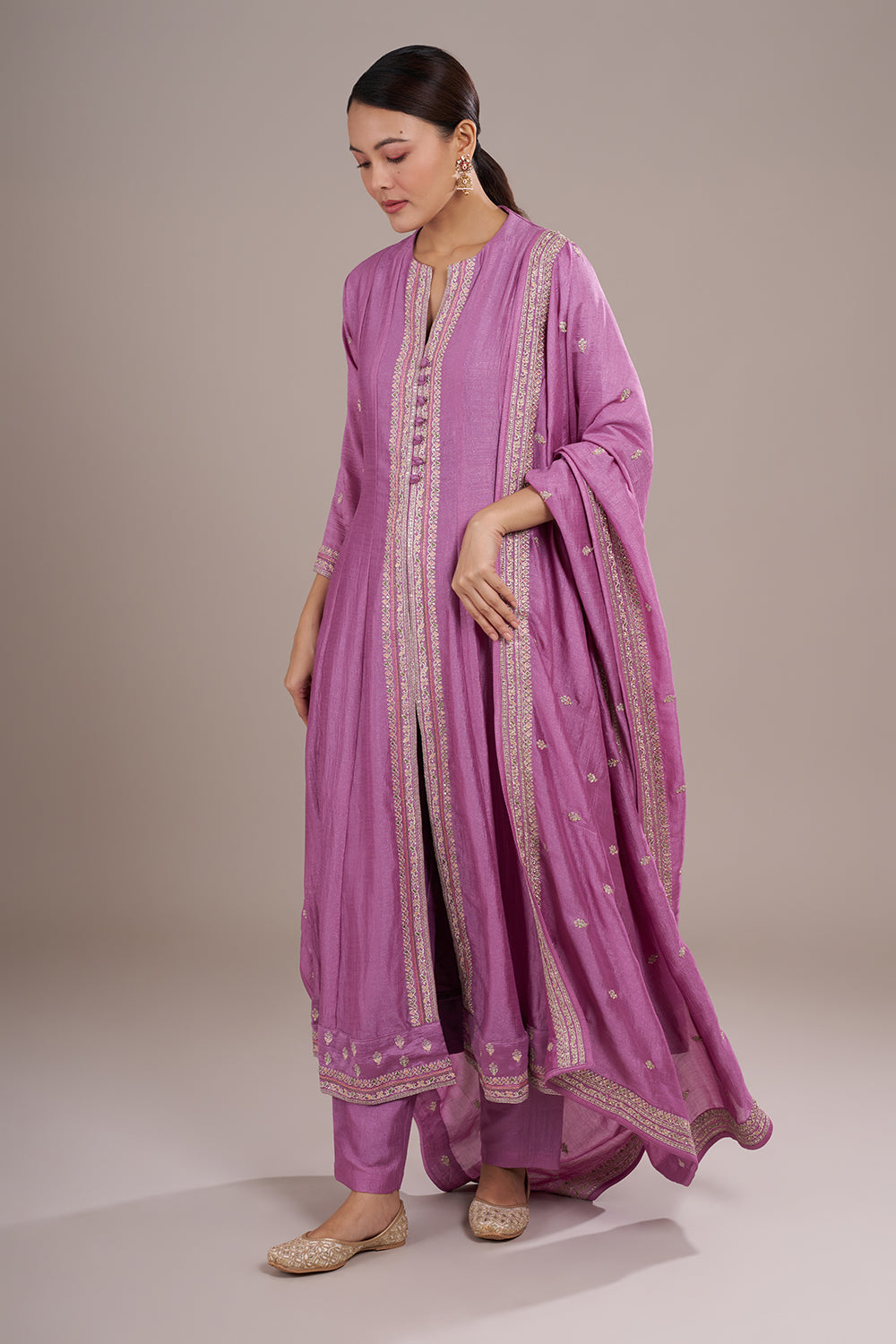 Mauve Silk Blend Anarkali Kurta Set with Resham Embroidery
