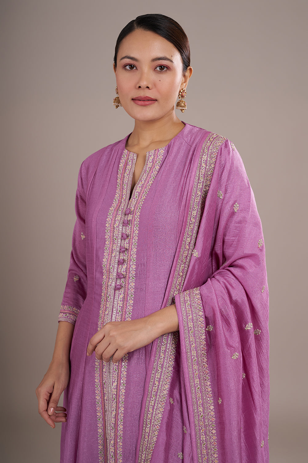 Mauve Silk Blend Anarkali Kurta Set with Resham Embroidery