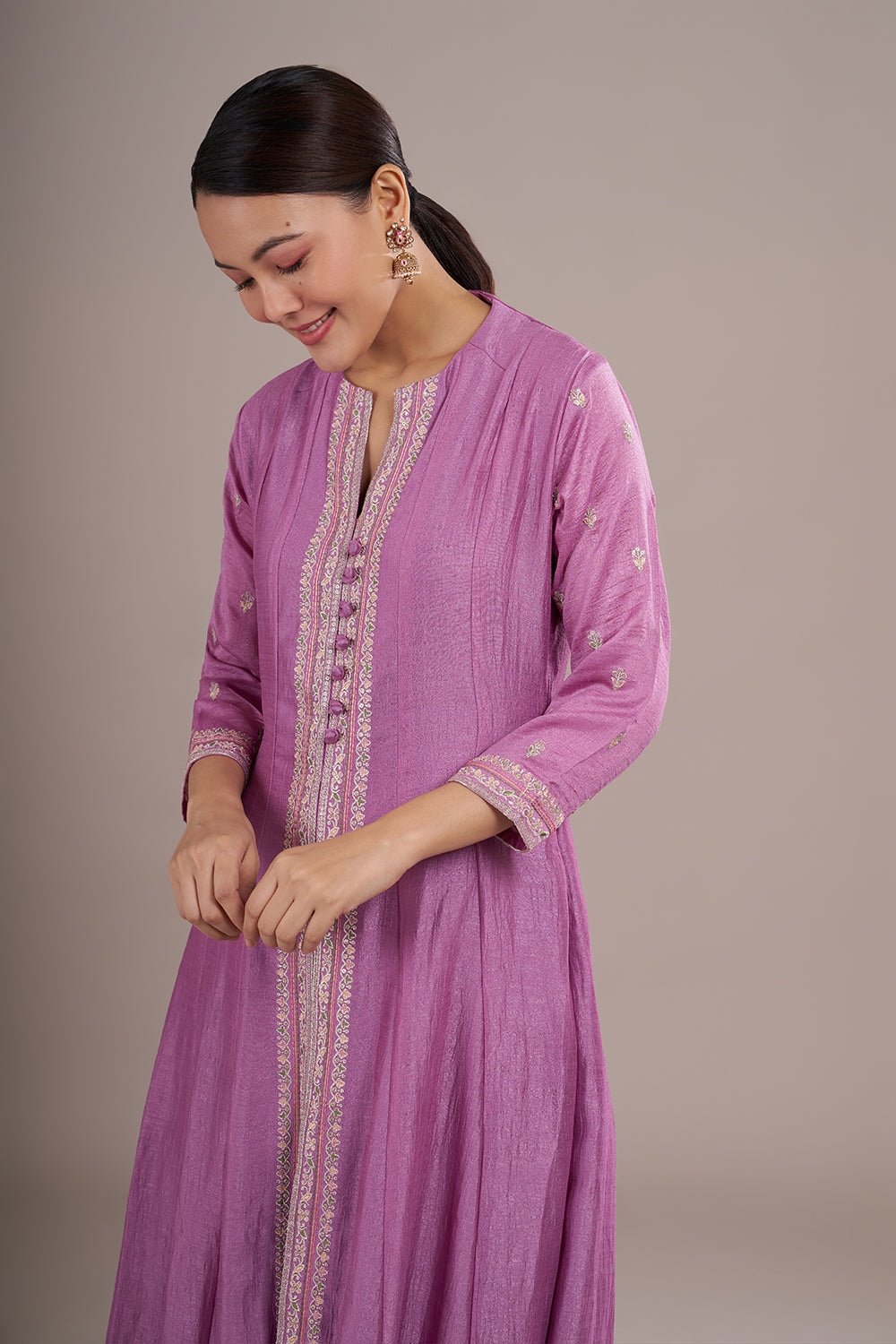 Mauve Silk Blend Anarkali Kurta Set with Resham Embroidery