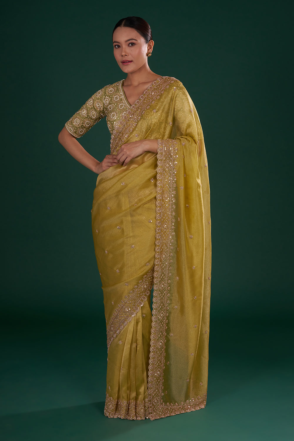 Mehendi Green Embroidered Shimmer Zari Tissue Saree with Rose Gold Sequin