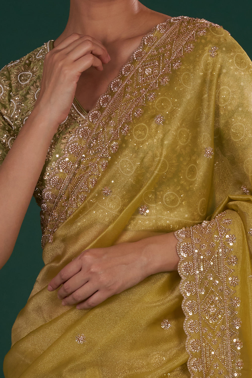 Mehendi Green Embroidered Shimmer Zari Tissue Saree with Rose Gold Sequin