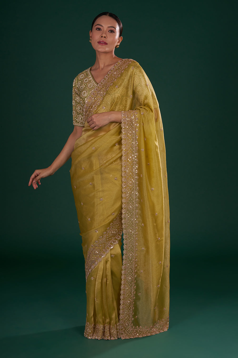 Mehendi Green Embroidered Shimmer Zari Tissue Saree with Rose Gold Sequin