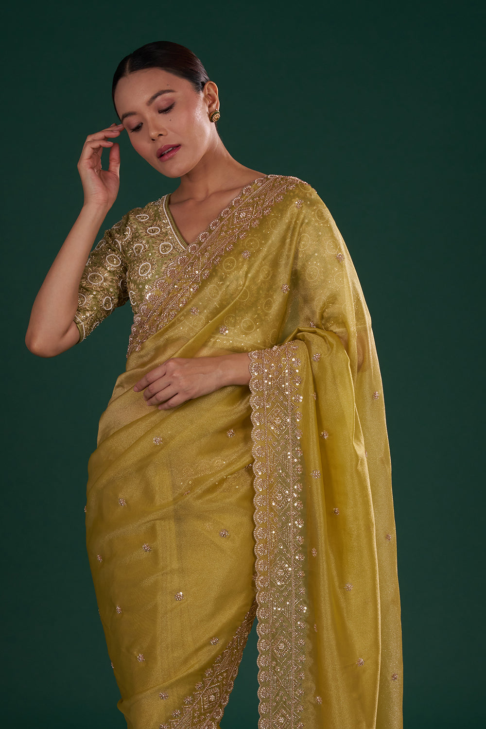 Mehendi Green Embroidered Shimmer Zari Tissue Saree with Rose Gold Sequin