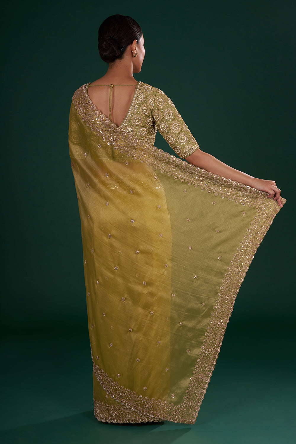 Mehendi Green Embroidered Shimmer Zari Tissue Saree with Rose Gold Sequin