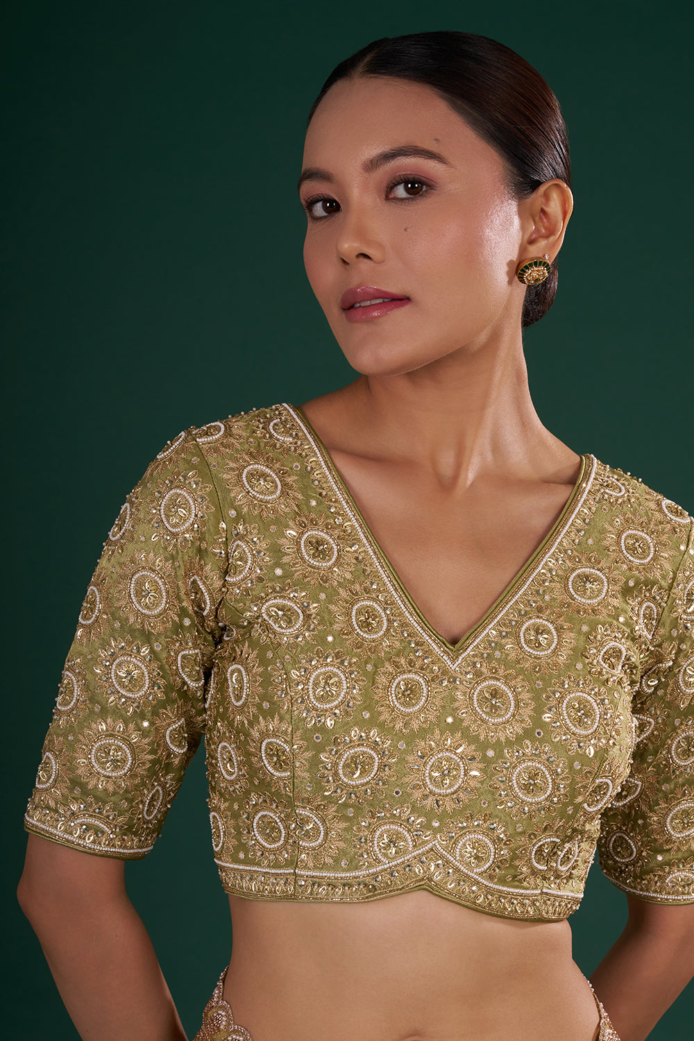 Mehendi Green Embroidered Shimmer Zari Tissue Saree with Rose Gold Sequin