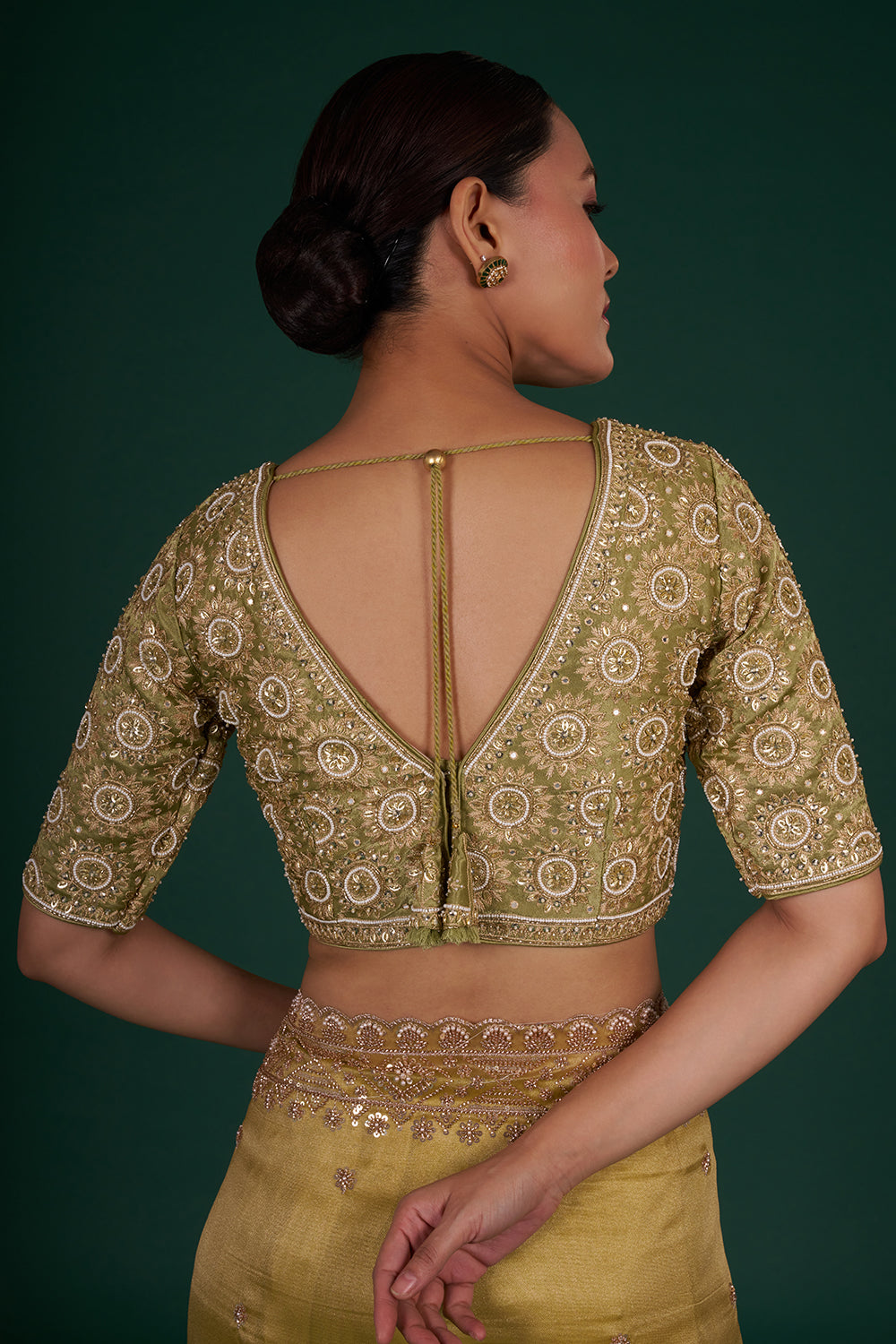 Mehendi Green Embroidered Shimmer Zari Tissue Saree with Rose Gold Sequin