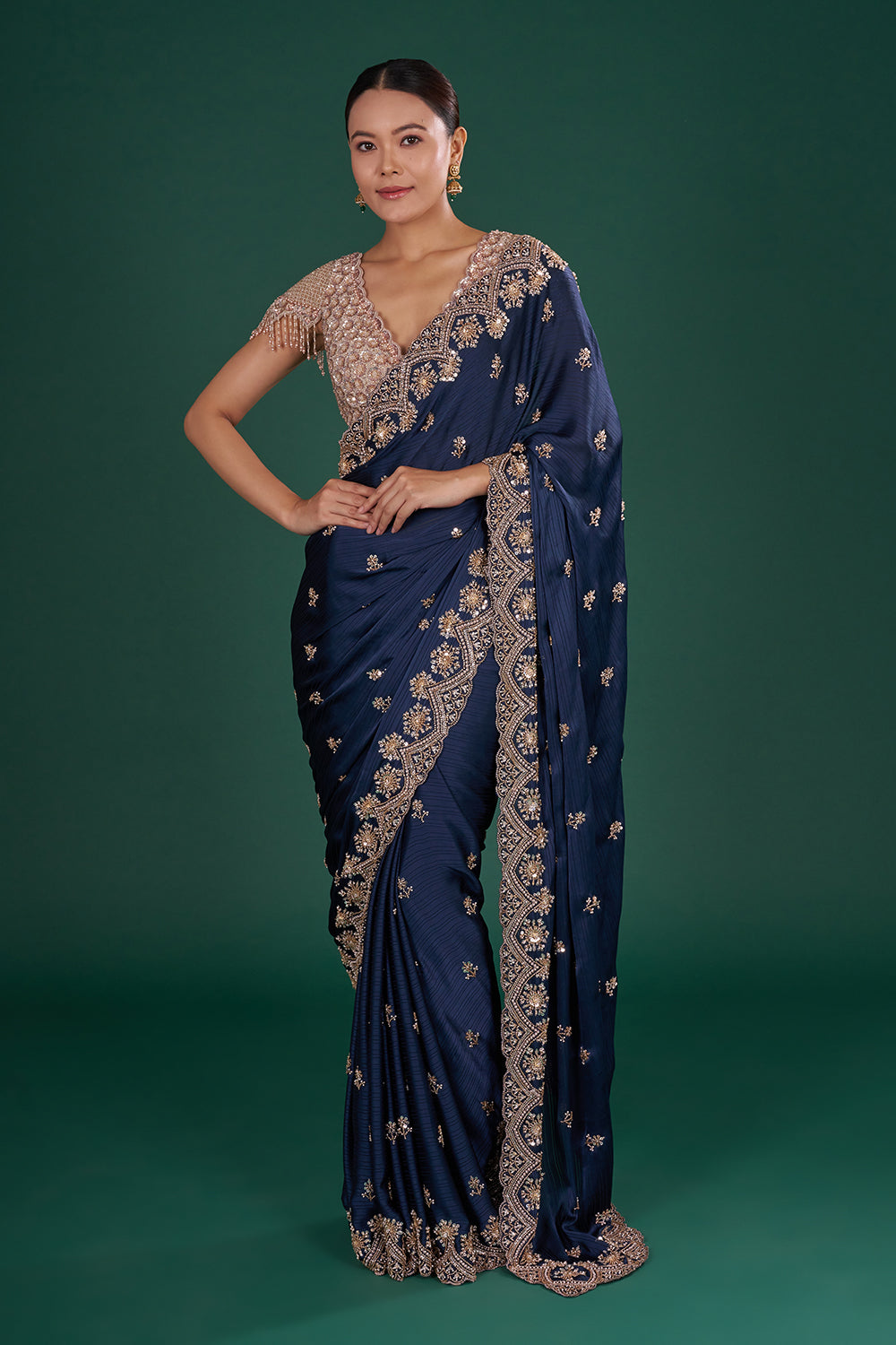 Midnight Blue Saree with Zari Work and Unstitiched Blouse