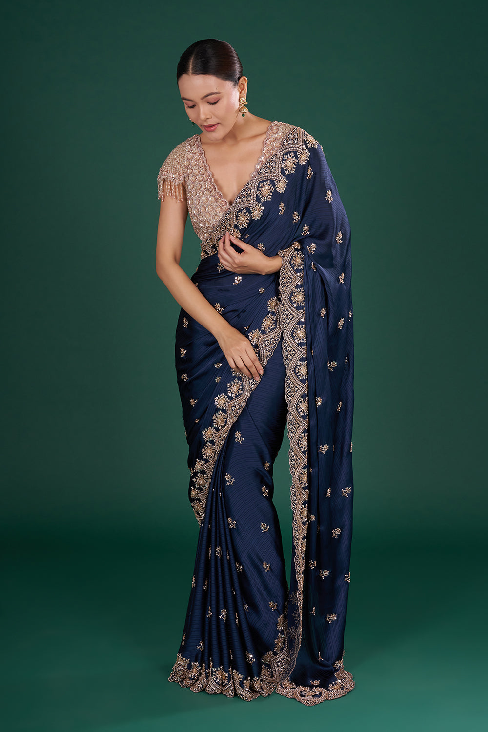 Midnight Blue Saree with Zari Work and Unstitiched Blouse
