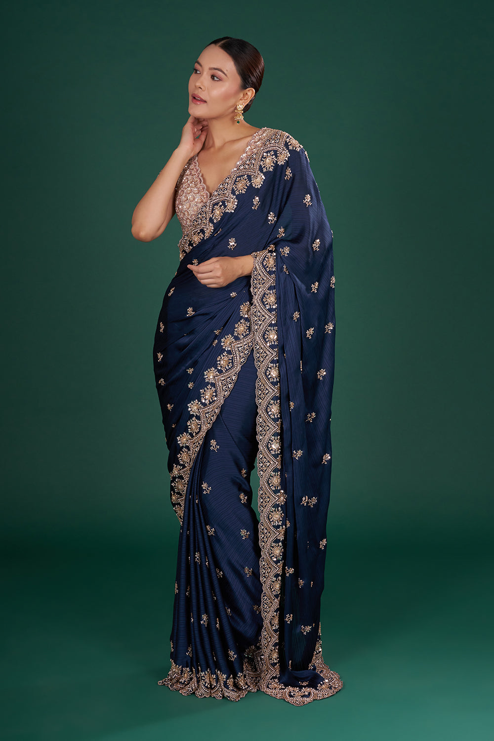 Midnight Blue Saree with Zari Work and Unstitiched Blouse