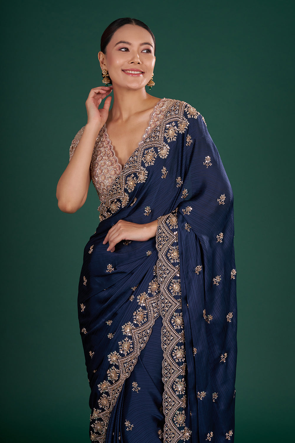 Midnight Blue Saree with Zari Work and Unstitiched Blouse