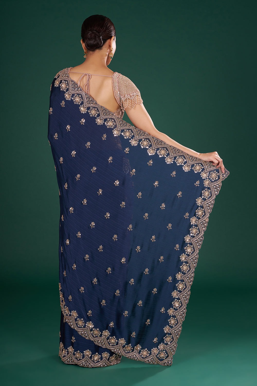 Midnight Blue Saree with Zari Work and Unstitiched Blouse