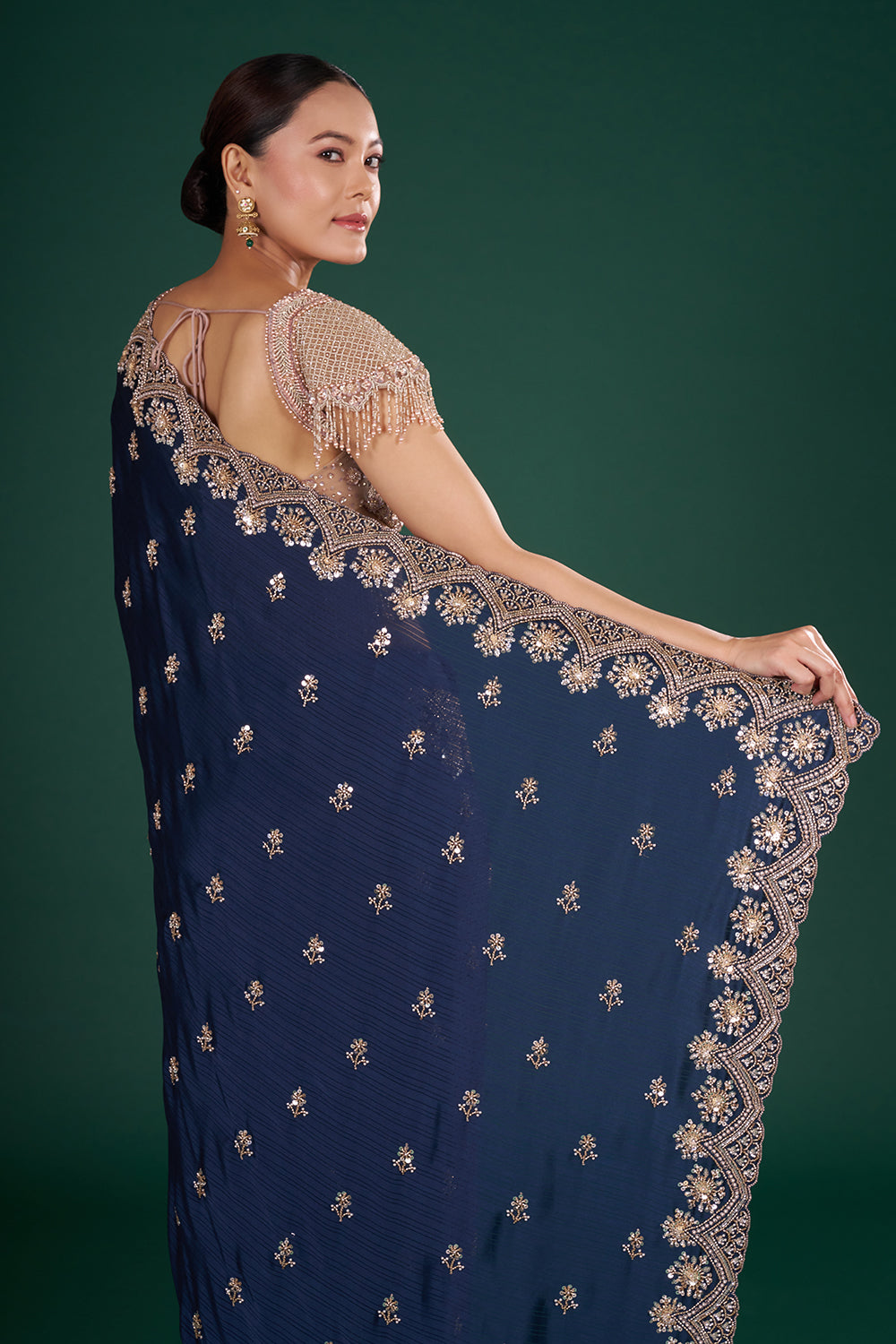 Midnight Blue Saree with Zari Work and Unstitiched Blouse