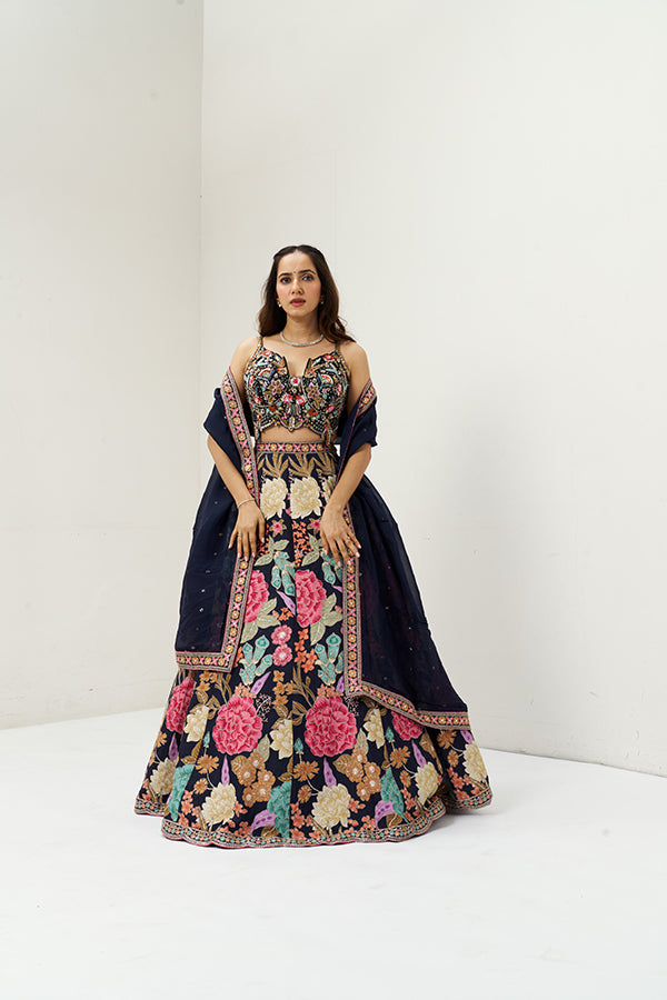 Midnight Blue Embroidered Silk Bridesmaid Lehenga Set