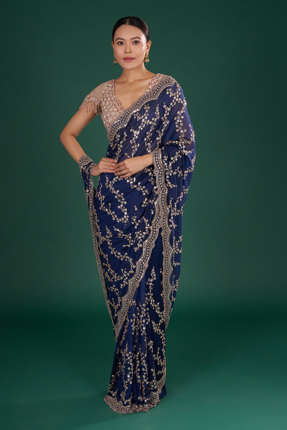 Midnight Blue Crush Georgette Saree with Sequins and Unstitiched Blouse