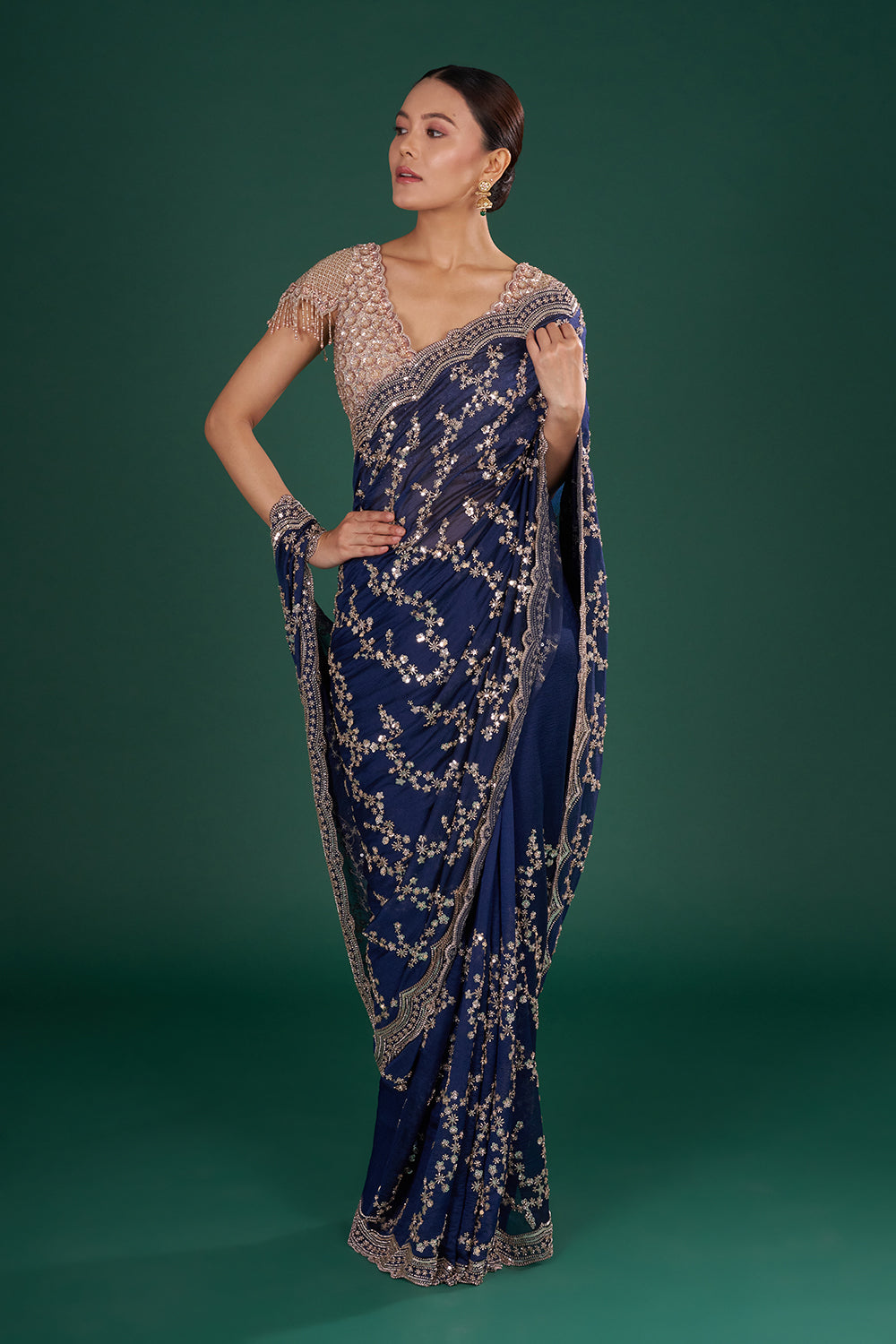 Midnight Blue Crush Georgette Saree with Sequins and Unstitiched Blouse