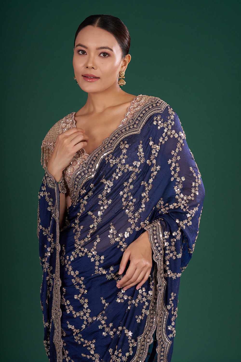 Midnight Blue Crush Georgette Saree with Sequins and Unstitiched Blouse