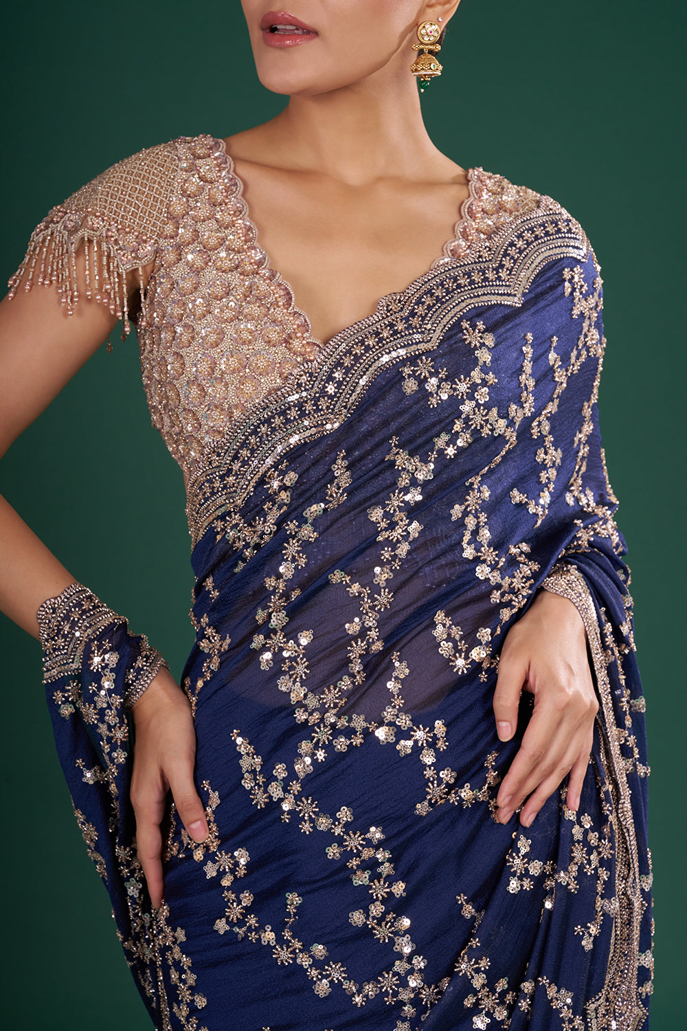 Midnight Blue Crush Georgette Saree with Sequins and Unstitiched Blouse