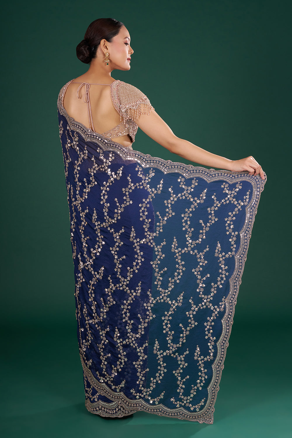 Midnight Blue Crush Georgette Saree with Sequins and Unstitiched Blouse