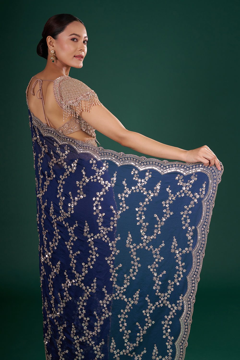 Midnight Blue Crush Georgette Saree with Sequins and Unstitiched Blouse