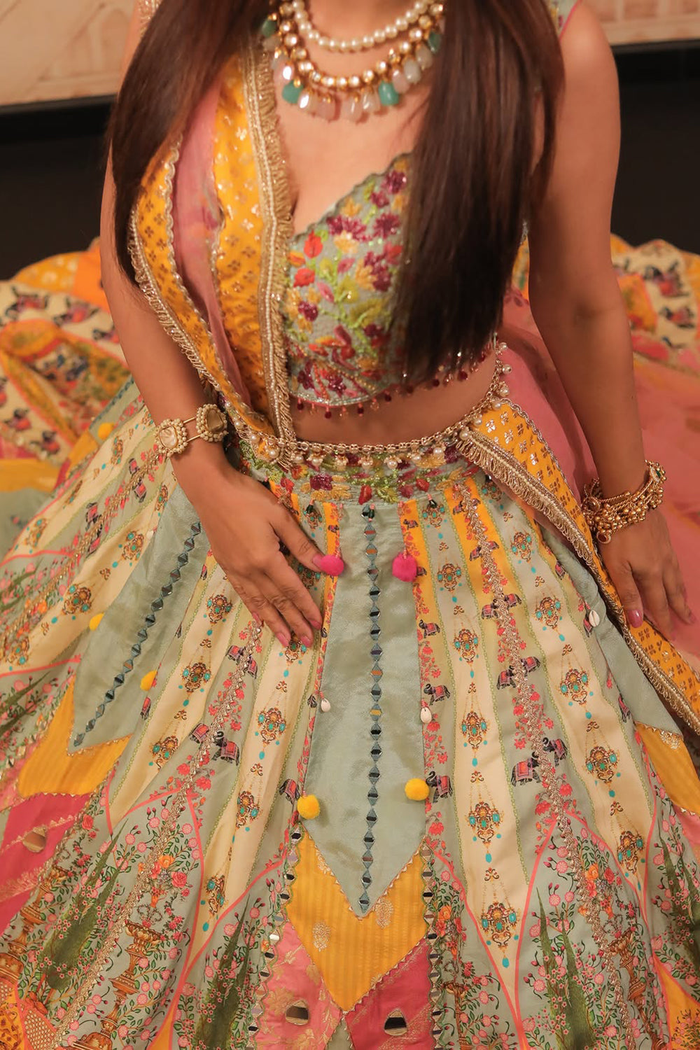 Multi Art Silk Printed Festive Lehanga with Mirror and Resham Work