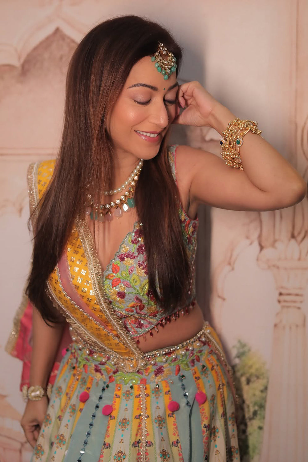 Multi Art Silk Printed Festive Lehanga with Mirror and Resham Work