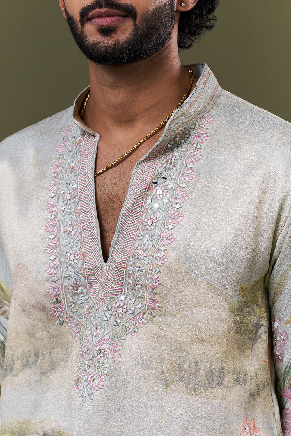 Multi Brocade Georgette Floral Landscape Printed Kurta Set