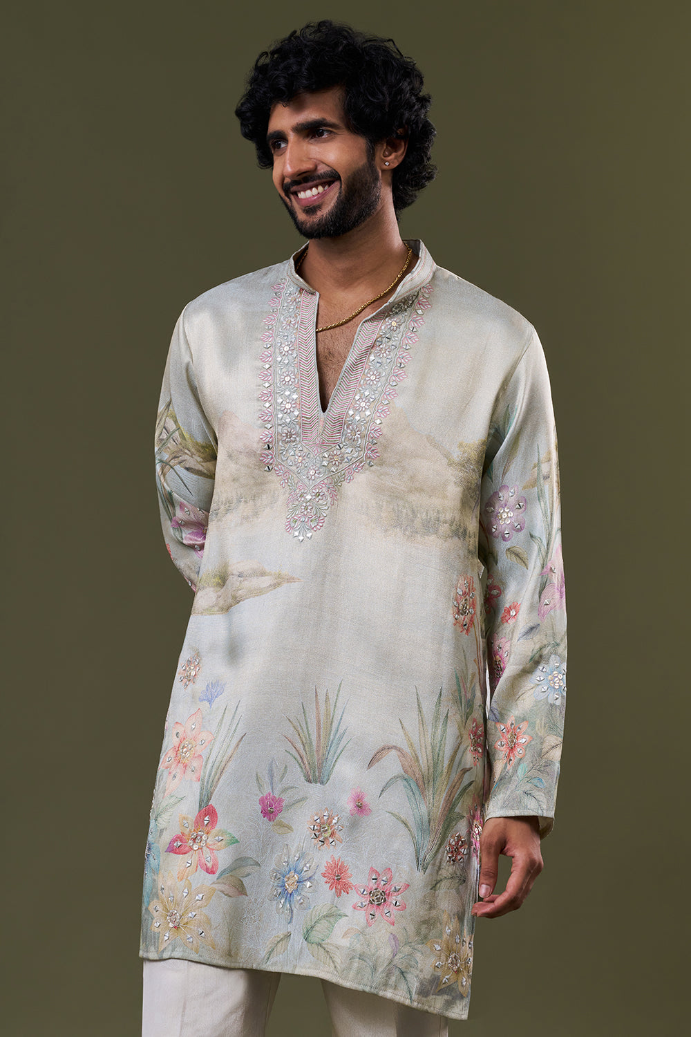 Multi Brocade Georgette Floral Landscape Printed Kurta Set