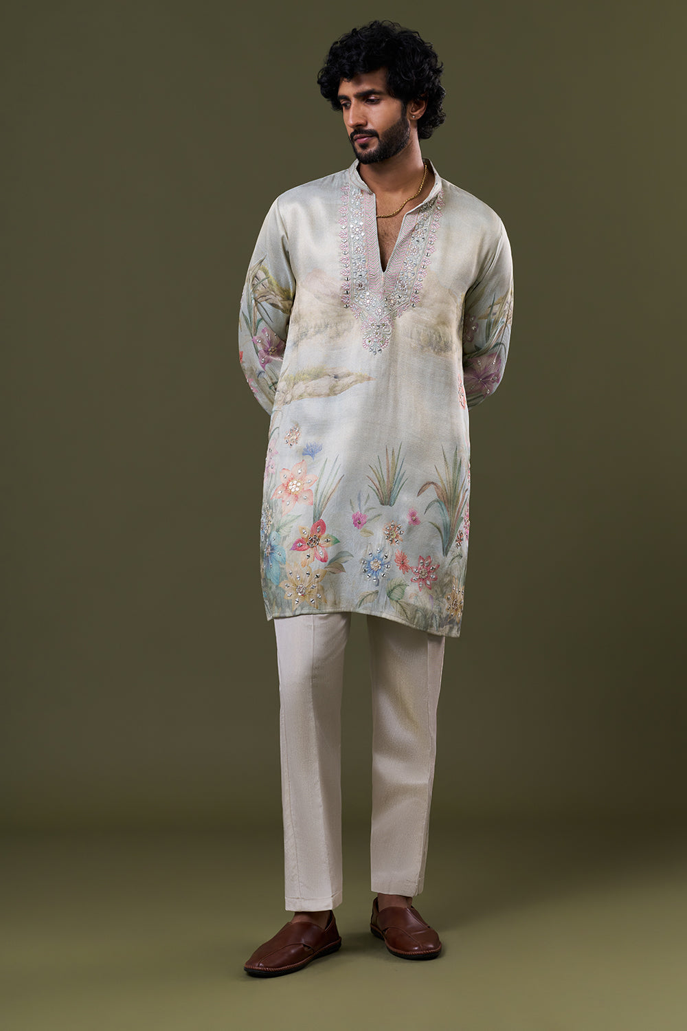 Multi Brocade Georgette Floral Landscape Printed Kurta Set