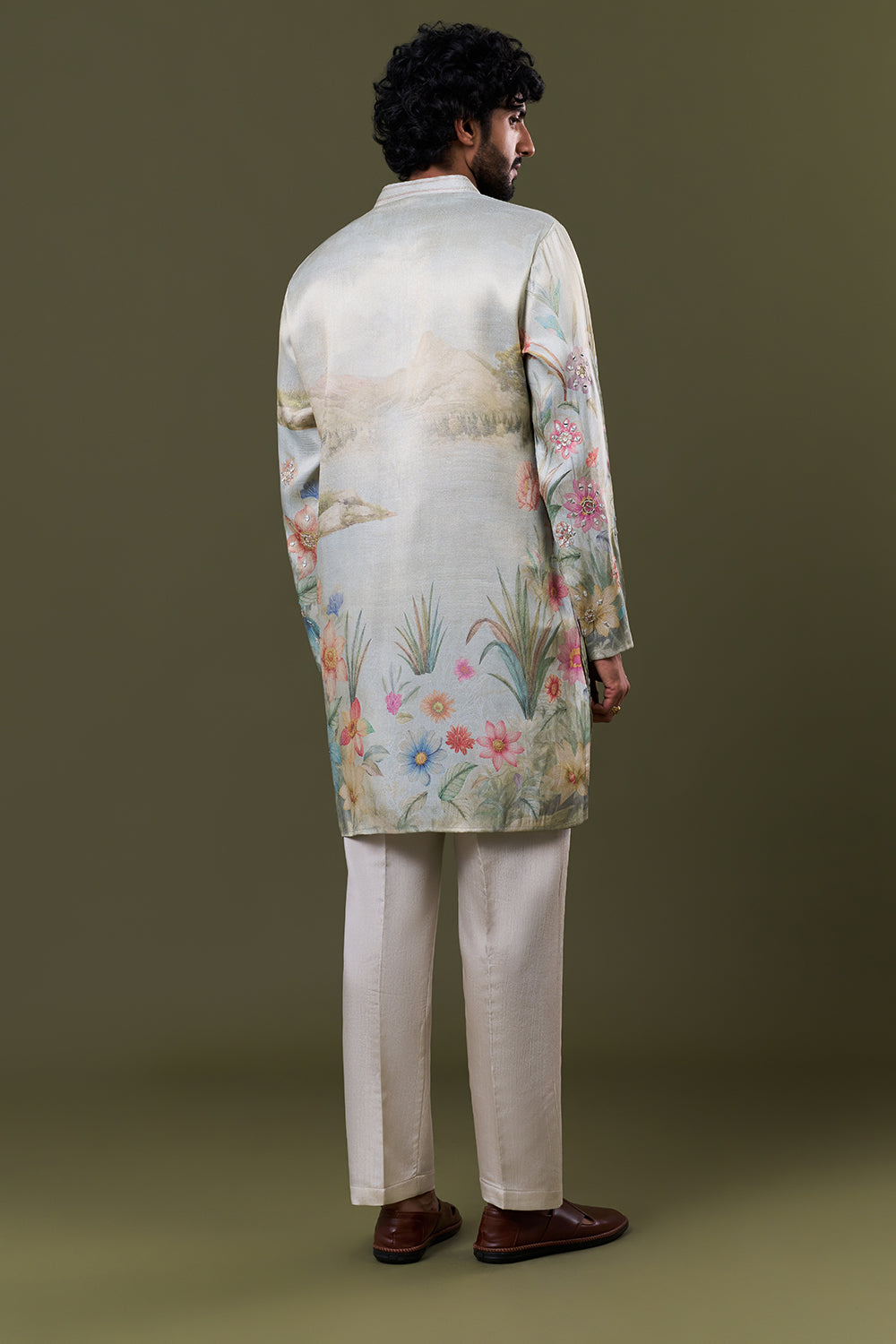 Multi Brocade Georgette Floral Landscape Printed Kurta Set
