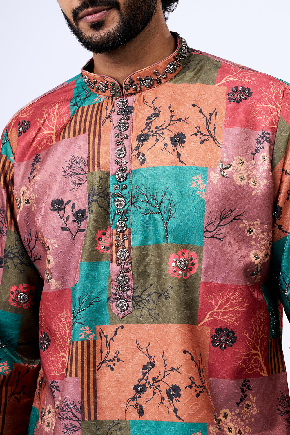 Multi Polyester Cotton Botanical Patchwork Printed Kurta Set