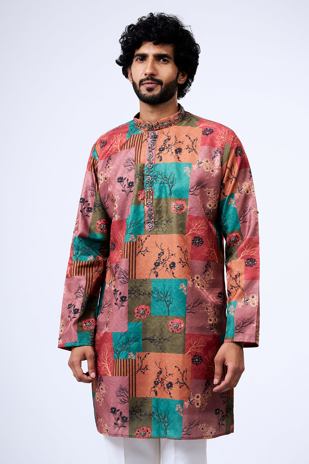 Multi Polyester Cotton Botanical Patchwork Printed Kurta Set