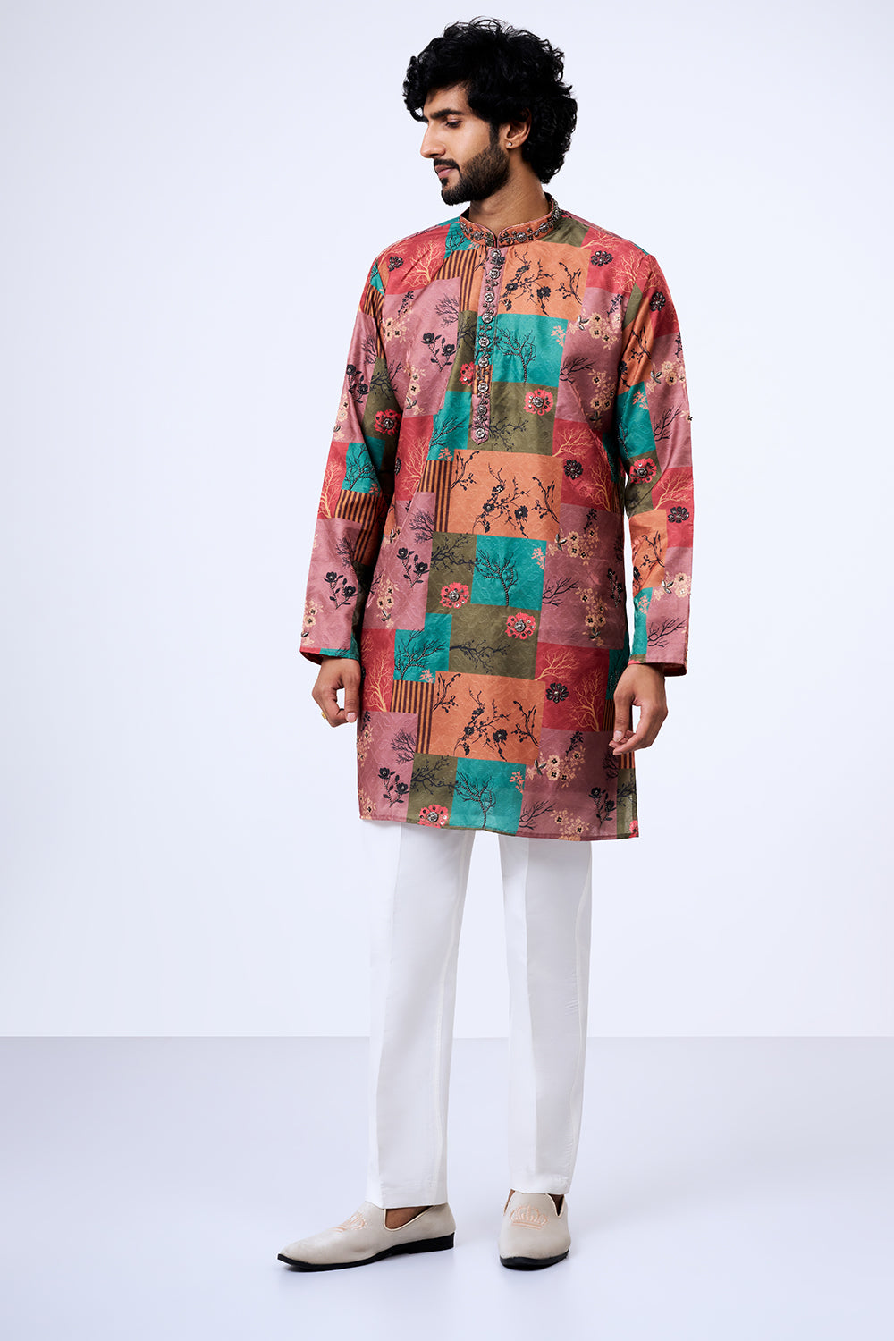Multi Polyester Cotton Botanical Patchwork Printed Kurta Set