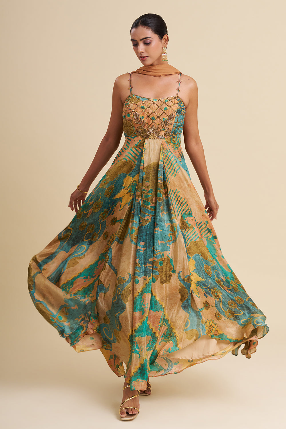 Multi-Tonal Crepe Shimmer Anarkali Set with Embroidered Work