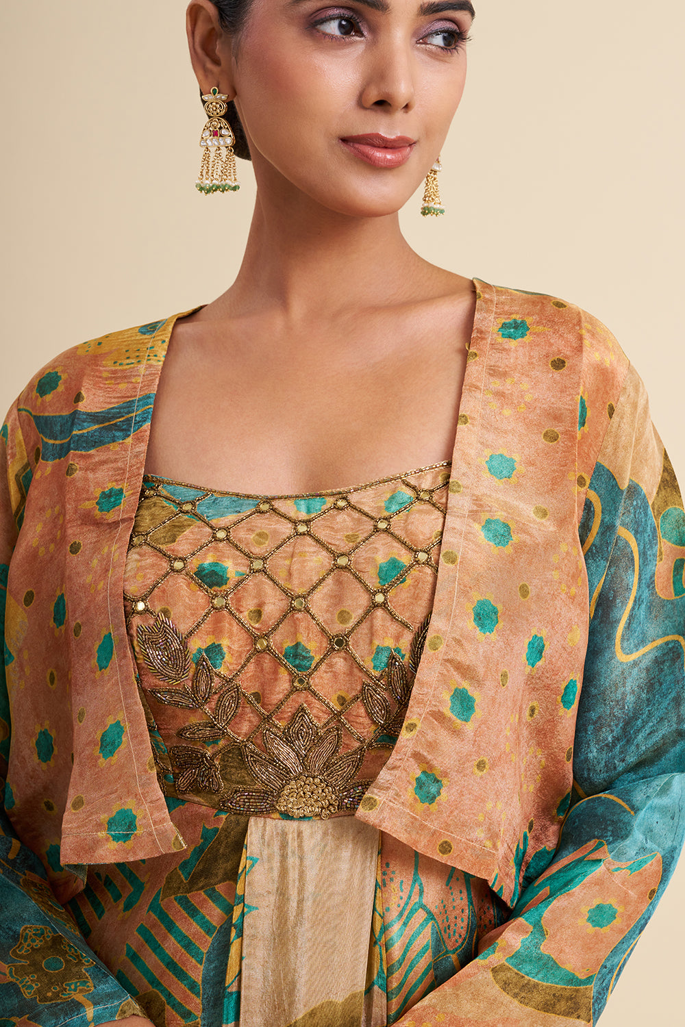 Multi-Tonal Crepe Shimmer Anarkali Set with Embroidered Work