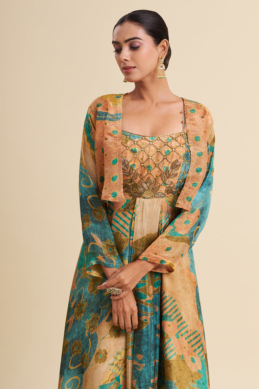 Multi-Tonal Crepe Shimmer Anarkali Set with Embroidered Work