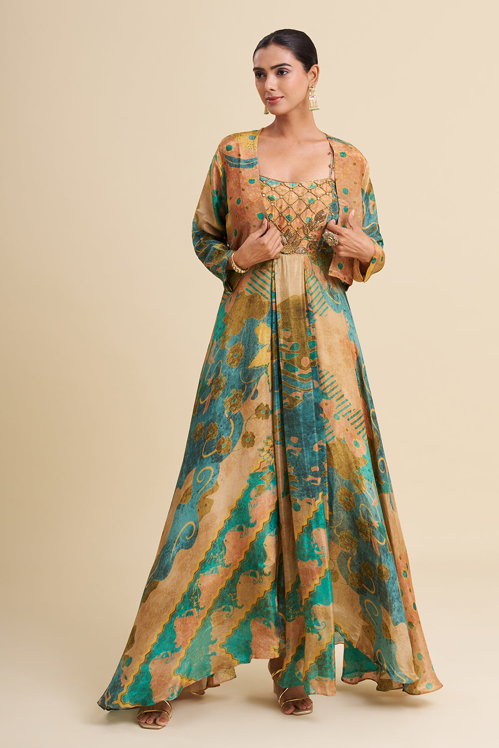 Multi-Tonal Crepe Shimmer Anarkali Set with Embroidered Work