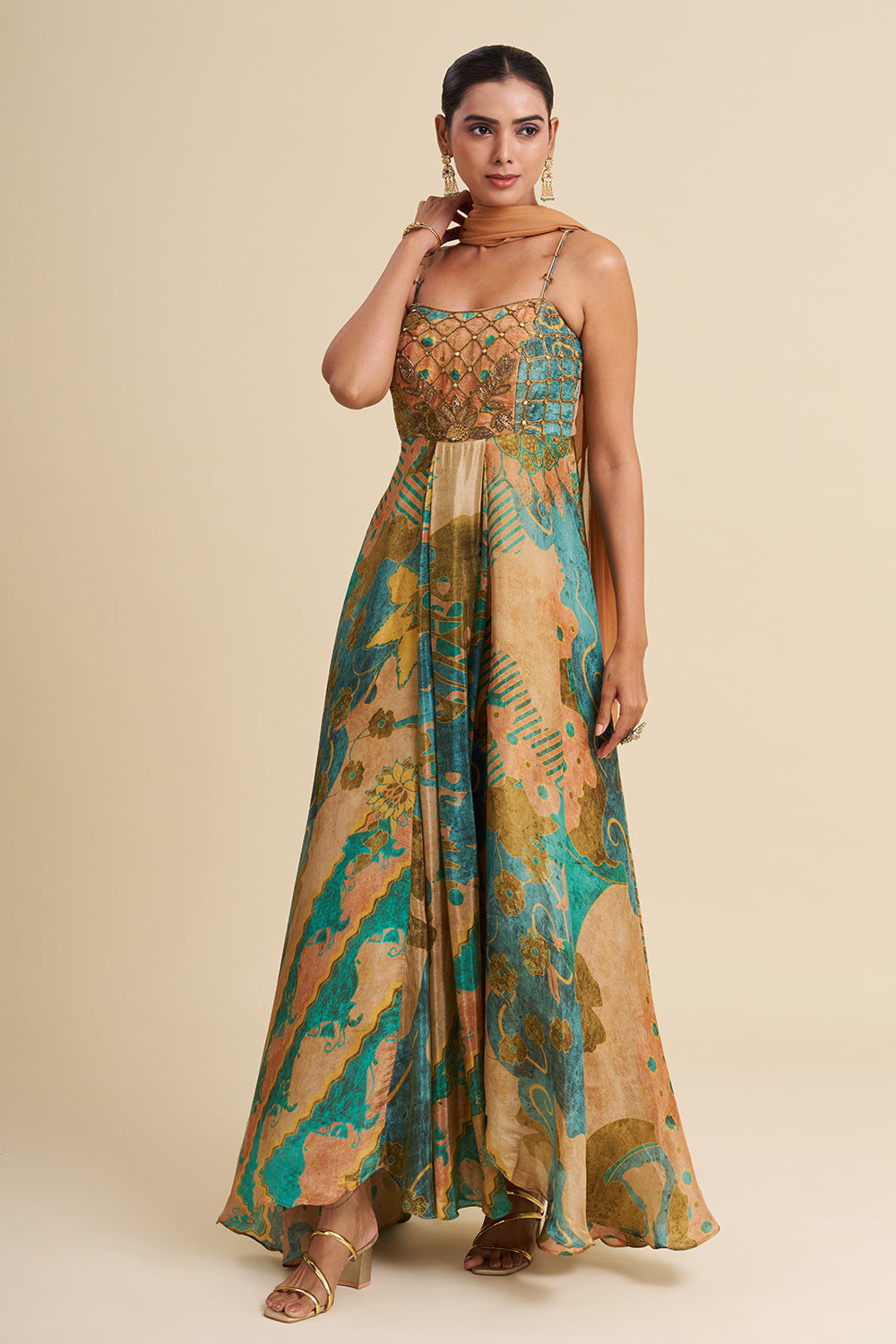 Multi-Tonal Crepe Shimmer Anarkali Set with Embroidered Work