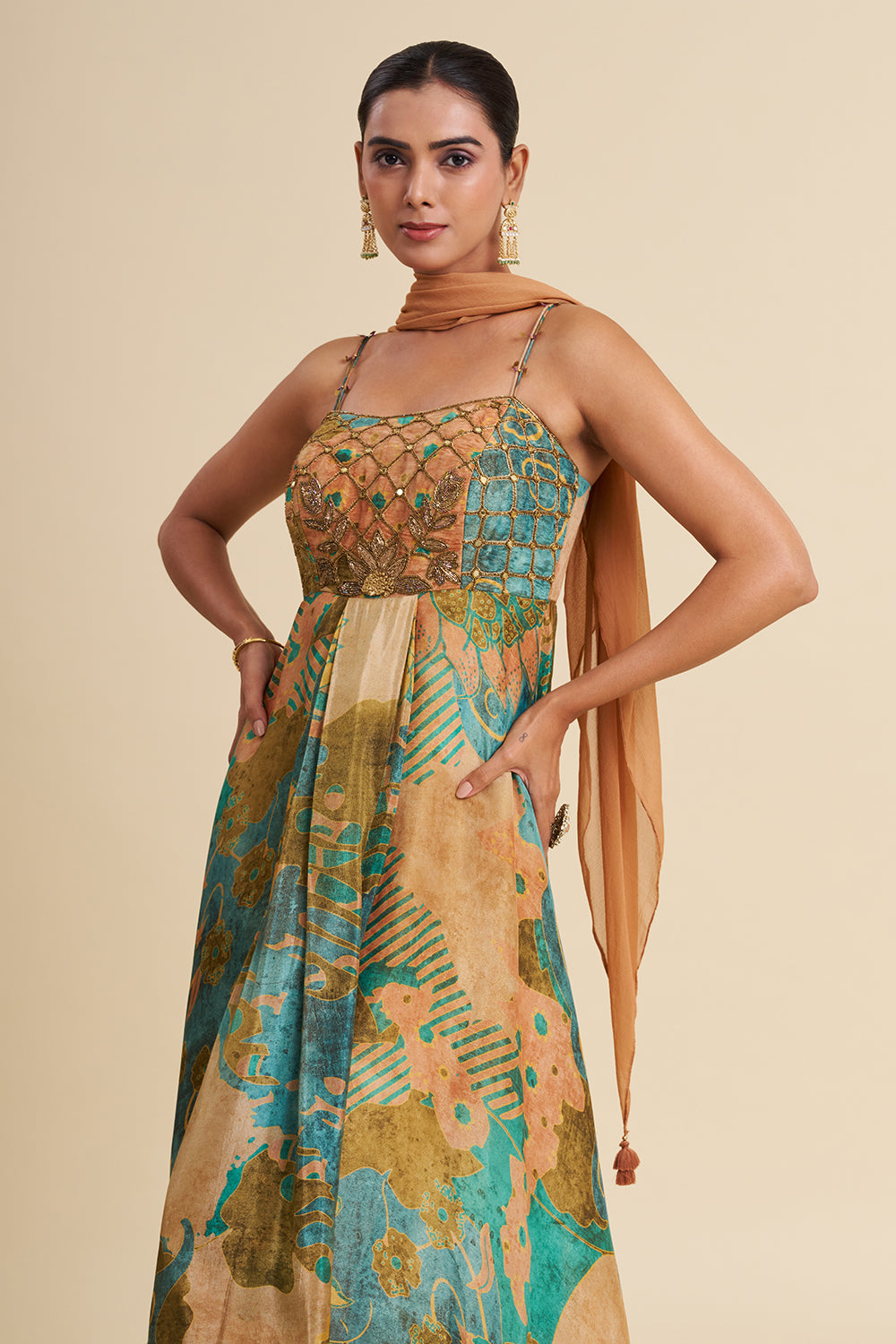 Multi-Tonal Crepe Shimmer Anarkali Set with Embroidered Work