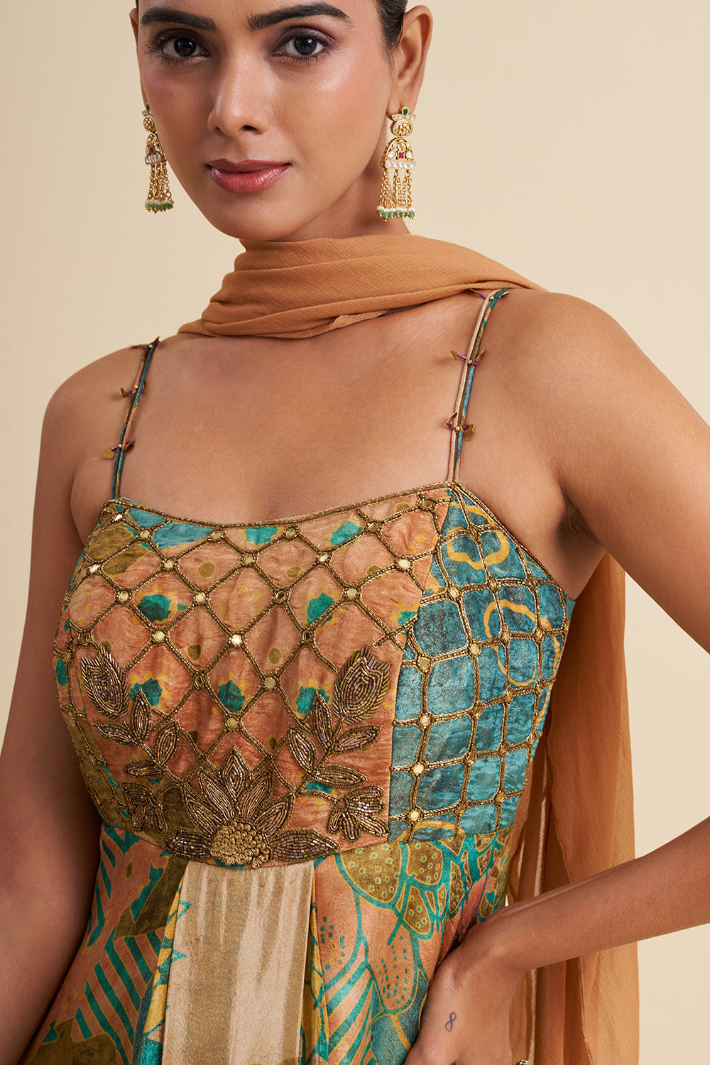 Multi-Tonal Crepe Shimmer Anarkali Set with Embroidered Work