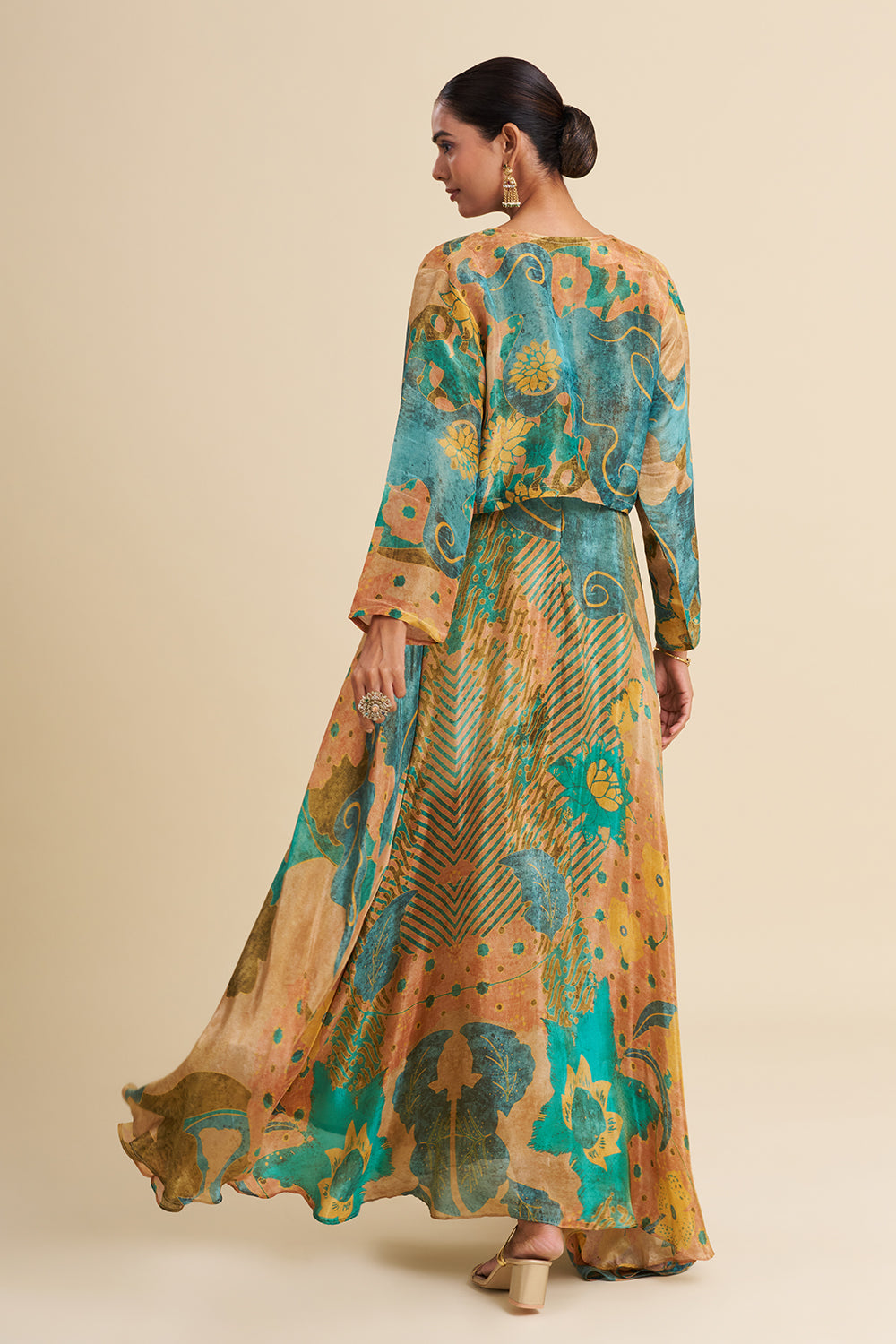 Multi-Tonal Crepe Shimmer Anarkali Set with Embroidered Work