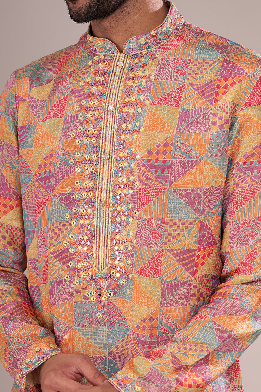 Multicolor Cotton Silk Men's Kurta Set with Mirror Work