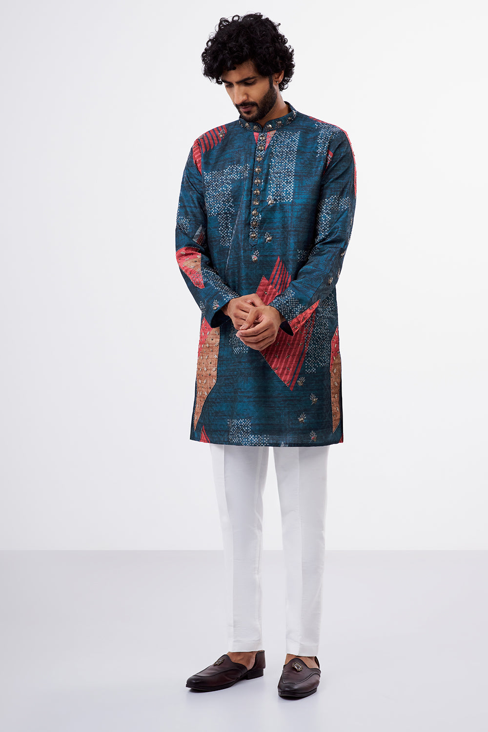 Multicolour Polyester Satin Men's Kurta Set with Digital Print