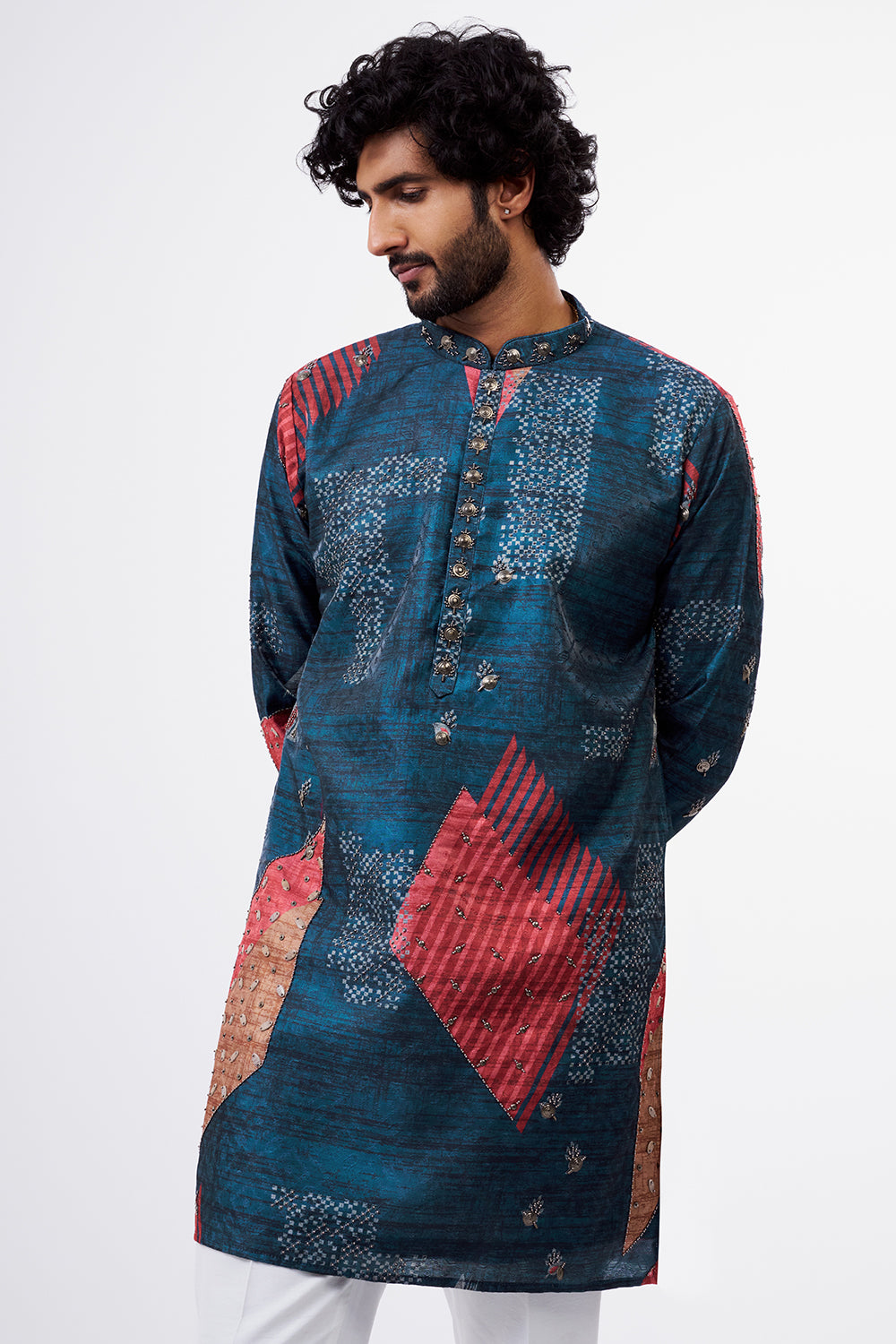 Multicolour Polyester Satin Men's Kurta Set with Digital Print