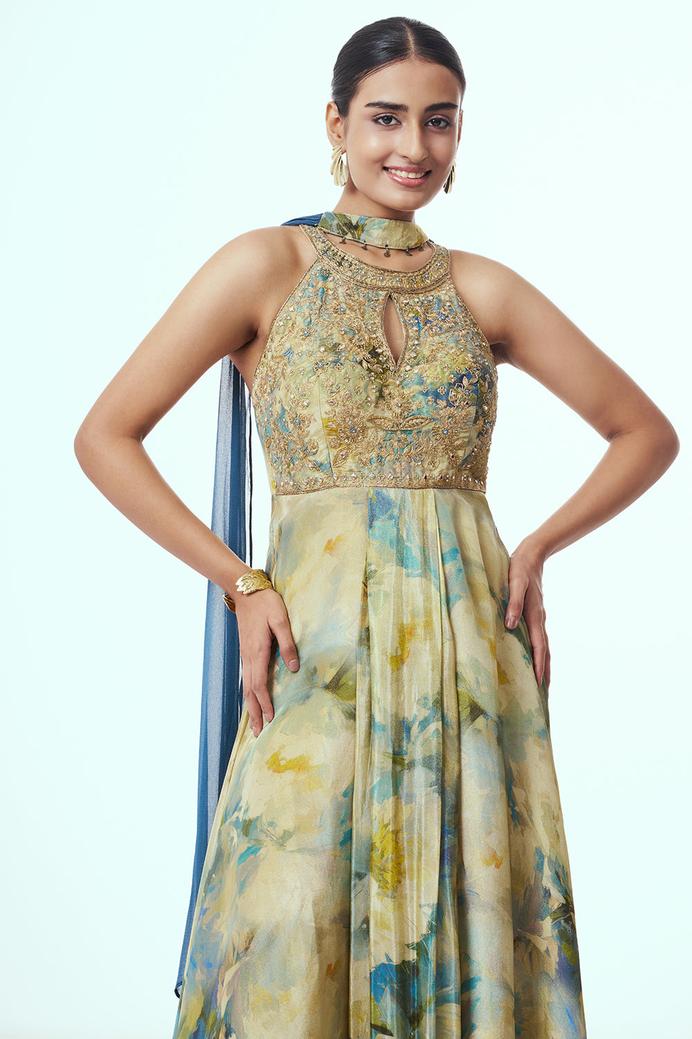 Multicoloured Shimmer Indo Western with Mirror Work