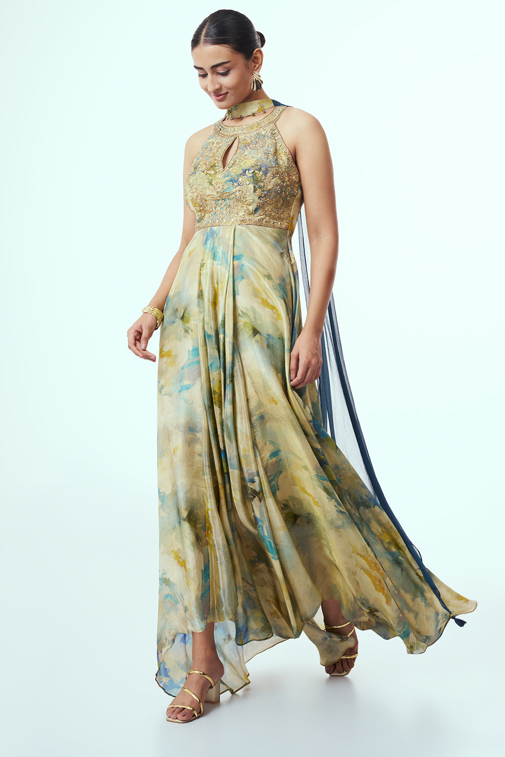 Multicoloured Shimmer Indo Western with Mirror Work