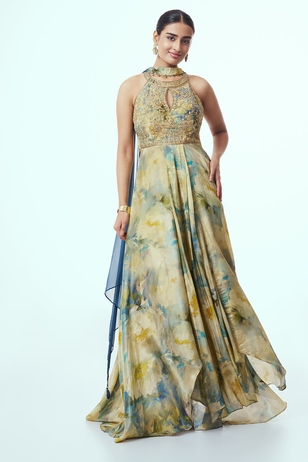 Multicoloured Shimmer Indo Western with Mirror Work
