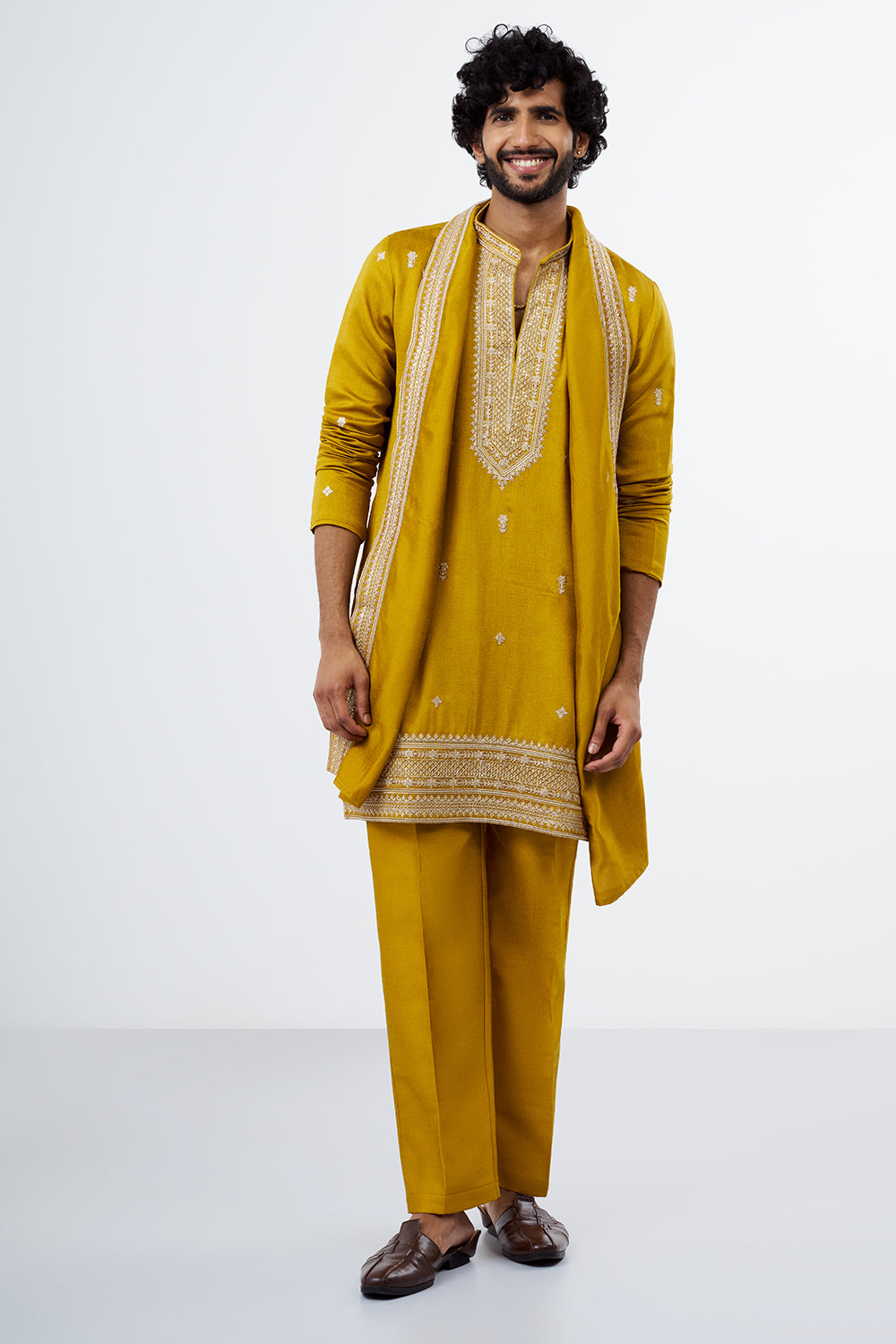 Mustard Embroidered Men's Kurta Set