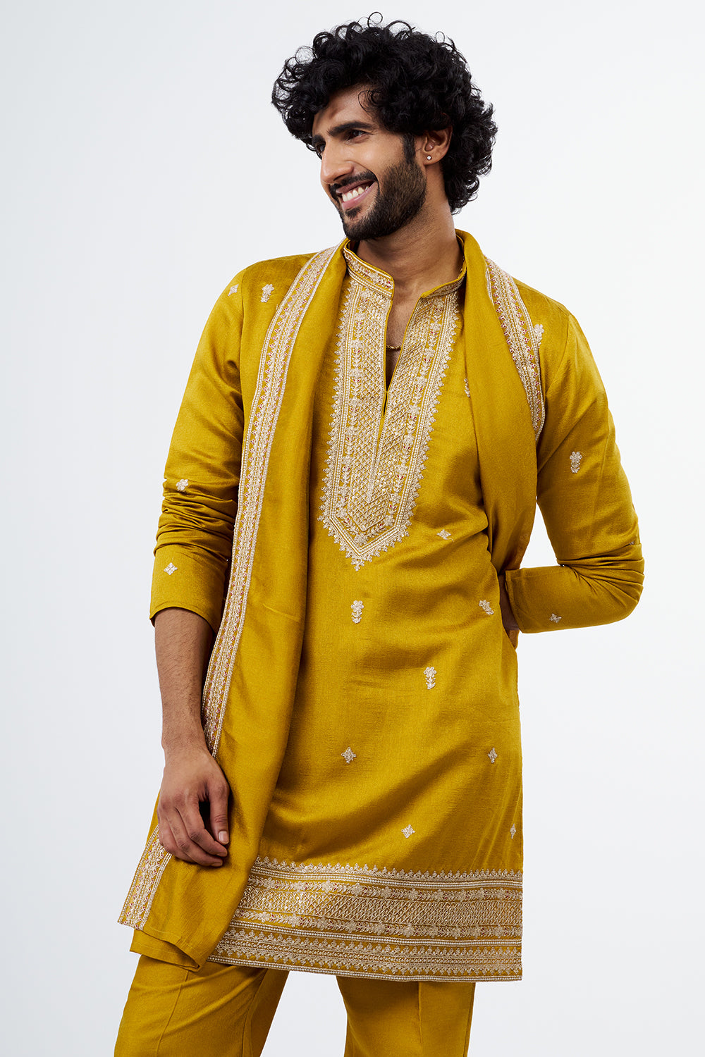 Mustard Embroidered Men's Kurta Set