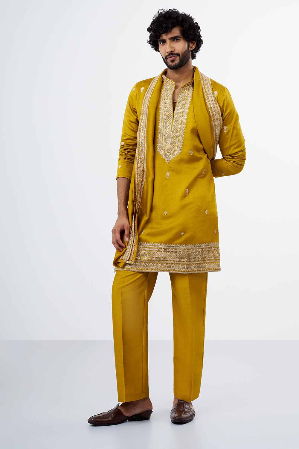 Mustard Embroidered Men's Kurta Set